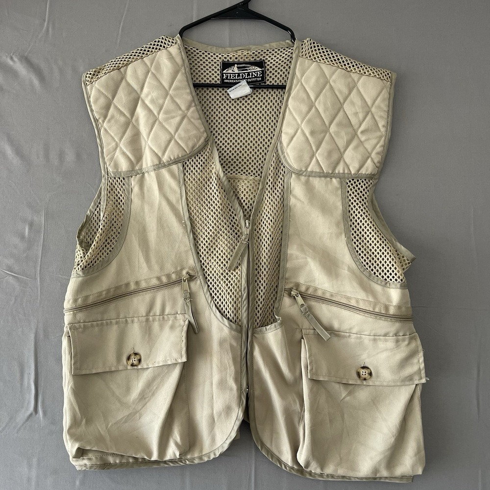 Fieldline Vest Mens Medium Khaki Mesh Gamebag Hunting Fishing Multi Pocket Zip
